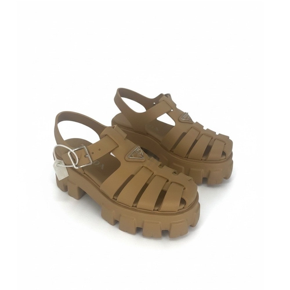 Prada NWT Monolith Beige Triangle Logo Platform Sandals 35 Box